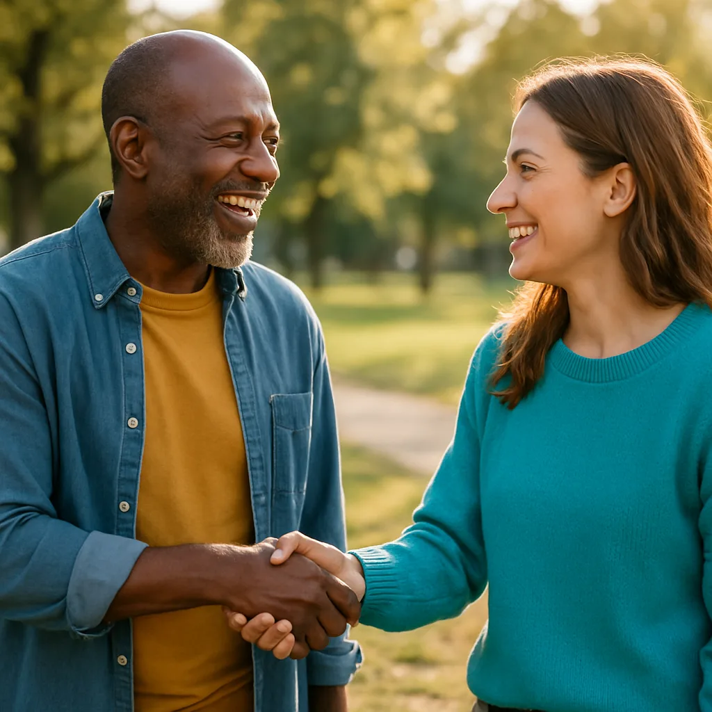Two people meeting at a local park — genuinely local Norfolk dating