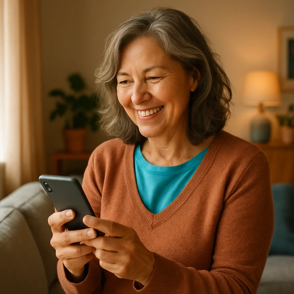 Smiling woman confidently checking her phone — verified profiles on The Norfolk Dating Site